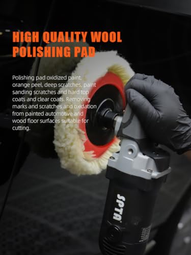 SPTA Wool Polishing Pads, 8"(200mm) 100% Natural Wool Buffing Pad with Hook & Loop Backing 4pcs Set Come with 5/8-11 Thread Backing Plate for Car Polishing, Buffing and Cutting - size: 8inch (200mm) Sets