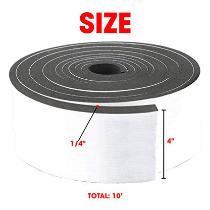 Neoprene Foam Strip Roll By Dualplex, 4" Wide x10' Long 1/4" Thick, Weather Seal High Density Stripping with Adhesive Backing – Weather Strip Roll Insulation Foam Strips - size: 4" Wide x10' Long 1/4" Thick
