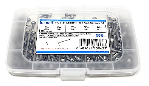 iexcell 250 Pcs M3 x 6/8/10/12/16mm Thread Pitch 0.5 mm Stainless Steel 304 Hex Socket Head Cap Screws Bolts Assortment Kit - size: M3 x 6/8/10/12/16mm