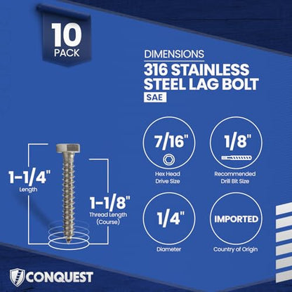Conquest Lag Bolts 1/4" x 1-1/4" - size: 1/4"-10 x 1-1/4"