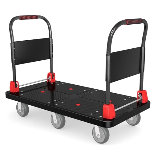2200 lb 6-Wheel Heavy Duty Platform Truck with Foldable Dual Handrails - color: Black-50" Lx27 W