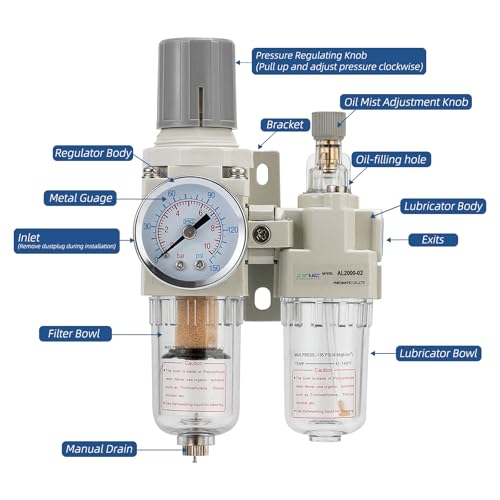 1/4" NPT Compressed Air Filter Regulator Lubricator Combination Water/Oil Trap Separator - Specifications (0-150 psi),5 Micron Brass Element,polyethylene Bowl,Manual Drain,Bracket - size: 1/4NPT, style: Semi-Auto Drain