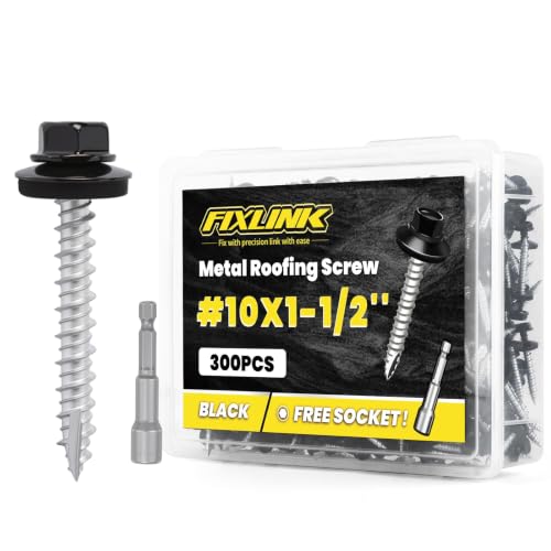 Metal Roofing Screws #10 x 1-1/2", 300 PCS, FIXLINK Baking Paint Hex Head Rubber Washer Sheet Metal Roof Screws Self Tapping Metal to Wood Siding Screws, Hex Socket Included, Black - color: Black, size: #10 x 1-1/2"