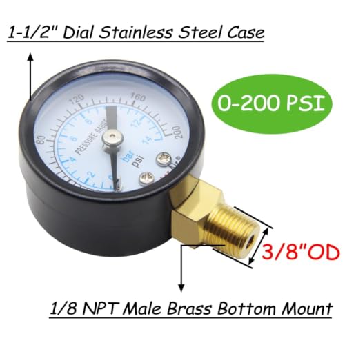 Uenede 0-200PSI Pressure Gauge 1/8" NPT Brass Bottom Mount with Bushing - size: 200PSI(1/8"NPT)