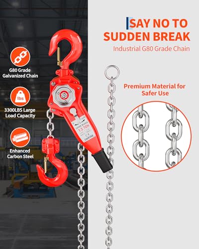 1-1/2 Ton (3,300 Lbs) Manual Chain Hoist – 20FT Heavy-Duty Lever Block, 360° Swivel Hand Chain, Weston Dual Pawl Brake, Overload Protection, Ergonomic Design for Lifting & Pulling - size: 1-1/2T 20FT