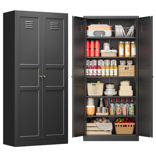 71" Tall Kitchen Pantry Storage Cabinet with 2 Doors and 5 Adjustable Shelve, Metal Black Food Pantry Cabinet, Kitchen Cabinet Storage Unit,6 Tier Freestanding Cupboard for Kitchen Dining/Living Room - color: Black, size: 71"H x 32"W x 16"D