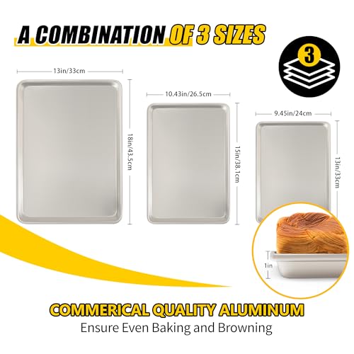 Baking Sheet Pan Set of 3, Commercial Quality Aluminum Cookie Sheets for Oven, Umite Chef Warp Resistant Baker's Half/Quarter/Jelly Roll Pans, Thick Cookie Tray Pans for Baking, Roasting - size: 13x9in 15x10in 18x13in