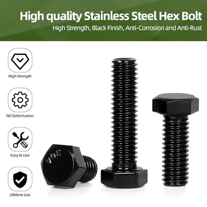 25 PCS M8 x 25mm Hex Head Screw Bolt, Stainless Hex Bolts, Full Thread, 18-8 Stainless Steel (304), Black Coating - size: M8 x 25mm
