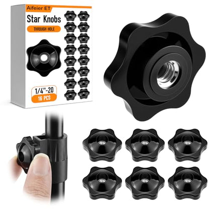 Aifeier ET 16 Pcs 1/4"-20 Inch Knob | Black Nylon Screw-On Type Thru Threaded Nuts | 6-Star Shape Hand Tighten Clamping Knobs (0.25"/6.35mm) - size: 16 pcs 1/4"-20