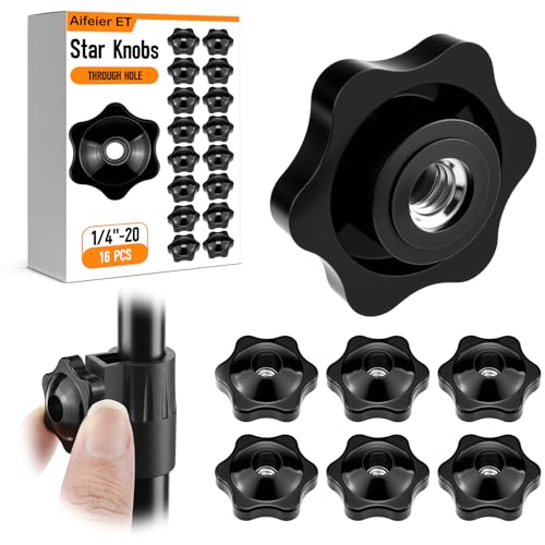 Aifeier ET 16 Pcs 1/4"-20 Inch Knob | Black Nylon Screw-On Type Thru Threaded Nuts | 6-Star Shape Hand Tighten Clamping Knobs (0.25"/6.35mm) - size: 16 pcs 1/4"-20