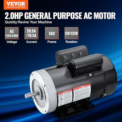 VEVOR 2HP Electric Motor 1725 RPM, AC 115V/230V, 56C Frame, Air Compressor Motor Single Phase, 5/8" Keyed Shaft, CW/CCW Rotation for Agricultural Machinery and General Equipment - size: 2 HP Single Phase-1.88 in Shaft Length