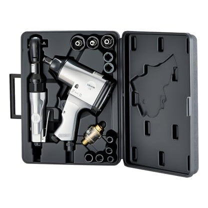 VEVOR 1/2" Air Impact Wrench & 3/8" Ratchet Wrench Combo, 19 Pieces Pro Air Tool and Accessories Kit - Includes 10PCS CR-V Steel Impact Socket Set & Carrying Case for Auto Repair, Home DIY Projects