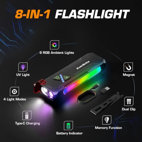 EverBrite Flat Rechargeable EDC Flashlight with RGB/UV Light for Home - color: Black