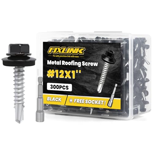 Metal Roofing Screws #12 × 1", 300 PCS, FIXLINK Baking Paint Hex Head Rubber Washer Sheet Metal Roof Screws Self Drilling Metal to Wood Siding Screws, Hex Socket Included, Black - color: Black, size: #12 x 1"