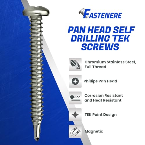 Fastenere Pan Head Self Drilling Tek Screws -#10 x 2-1/2" (50 Pack) Stainless Steel 410, Full Thread, Bright Plain Finish, Corrosion-Resistant, Self-Drilling, Easy to Install w/Phillips Drive Size #2 - size: #10 x 2-1/2" (50 Pack)