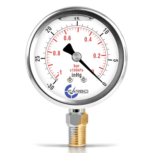 Vacuum Pressure Gauge 0 to -30 inHg, Glycerin Liquid Filled, 2.5" Dial, 1/4 NPT Lower Mount, 304 Stainless Steel Case, Brass Wetted Parts, Dual Scale inHg/Bar - ASME B40.1 Grade A - size: -30 inHg - 0, style: STANDARD