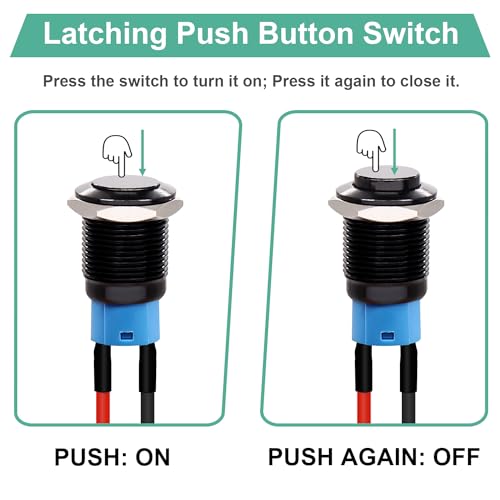 Twidec/5PCS 12mm Latching Push Button Switch ON Off Mini Round Waterproof Black Shell 12V 24V 36V 110V 250V 2A Raised Head with Pre-soldered Wires L-12-BK-G-X - color: Black-12mm-metal shell, size: Latching