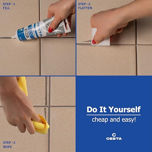 CESTA Tile Grout Repair Kit Grey - Fast Drying Premixed Grout Filler for Bathroom, Kitchen & Floor - Restore & Renew Tile Joints Line - Squeeze Tube with Applicator - Fills Cracks and Gaps (8.8 oz) - color: Grey