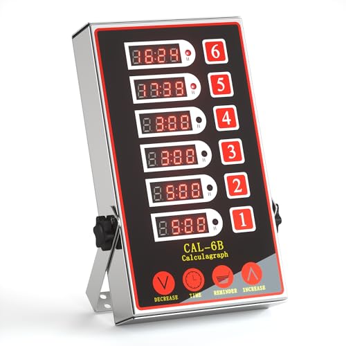 Commercial Kitchen Timer with 6 Channels, Professional LED Digital Timer for Cooking, Loud Alarm Volume +/-, Heavy Duty Stainless Steel Large Timers with Waterproof Panel & Memory Function