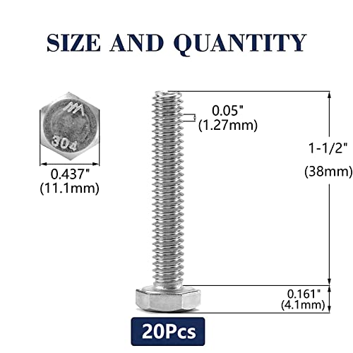1/4-20 x 1-1/2" Hex Head Screw Bolt, 20Pcs 18-8 (304) Stainless Steel, Fully Threaded, Plain Finish, by SG TZH - size: 1/4-20 x 1-1/2"