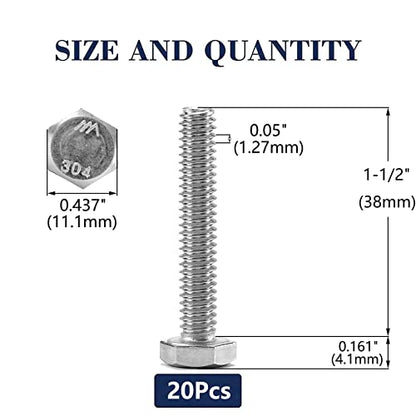 1/4-20 x 1-1/2" Hex Head Screw Bolt, 20Pcs 18-8 (304) Stainless Steel, Fully Threaded, Plain Finish, by SG TZH - size: 1/4-20 x 1-1/2"