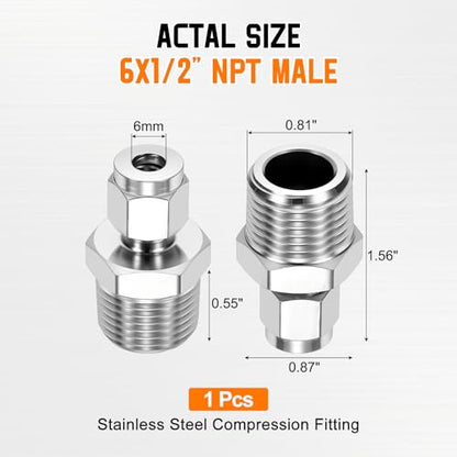 6mm OD Compression x 1/2" NPT Male Union Coupling Connector - size: 1/4"OD Compression x 1/2" NPT Male