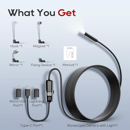 Endoscope Camera with Light, 1920P HD Borescope Inspection Camera with 8 Adjustable LEDs, IP67 Waterproof Semi-Rigid Snake Cable for Android, iPhone, and iPad(Black)