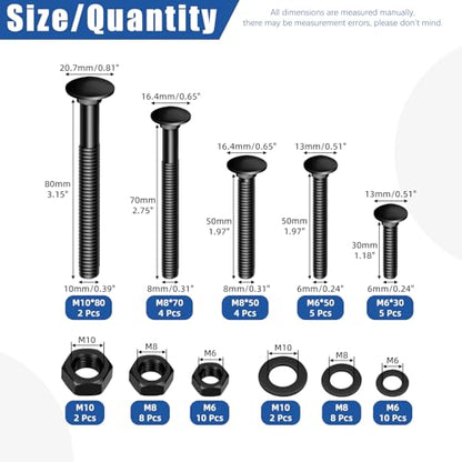 Glarks 60pcs M6 M8 M10 Carriage Bolts Screws, Round Head Square Neck Bolts, Square Neck Carriage Bolts Screws with Nuts and Washers for Machinery Industry - color: Black