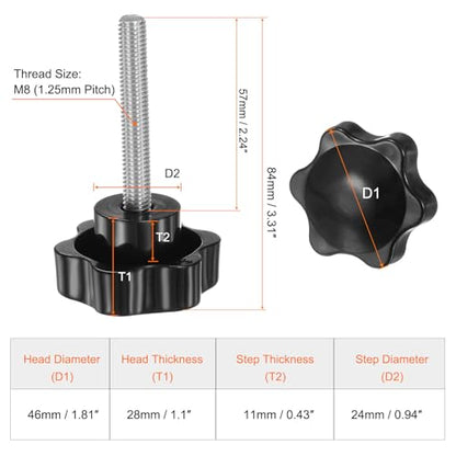 HARFINGTON 2pcs Star Knobs M8 x 57mm 304 Stainless Steel Threaded Stud 46mm Plastic 6-Star Head Hand Tightening Thumb Screw Clamping Jig Knob Handle, Black - size: M8 x 57mm x 46mm