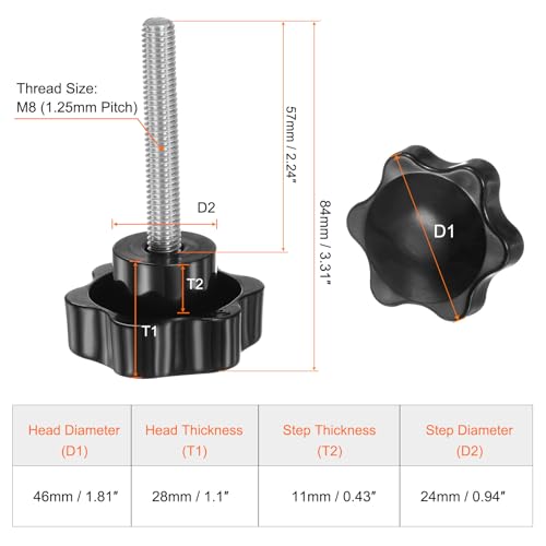 HARFINGTON 2pcs Star Knobs M8 x 57mm 304 Stainless Steel Threaded Stud 46mm Plastic 6-Star Head Hand Tightening Thumb Screw Clamping Jig Knob Handle, Black - size: M8 x 57mm x 46mm