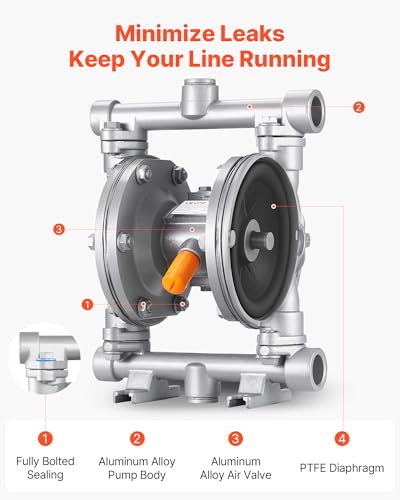 VEVOR Air Operated Double Diaphragm Pump, 6.6 GPM, 3/8 inch Inlet & Outlet Pneumatic Waste Oil Transfer Pump, Max 100 PSI, Aluminum Alloy Body, Air-Operated for Diesel, Grease, Kerosene, Gasoline - style: 3/8 inch 6.6GPM Aluminum Alloy