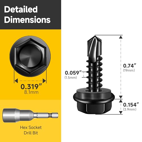 Mywish 100pcs #10 x 3/4" Self Drilling Screws for Metal, 410 Stainless Steel Hex Washer Head Self Drilling Screws, Black Oxided Self Tapping Sheet Metal Tek Screw Fast Tapping - size: #10x3/4"(100pcs)