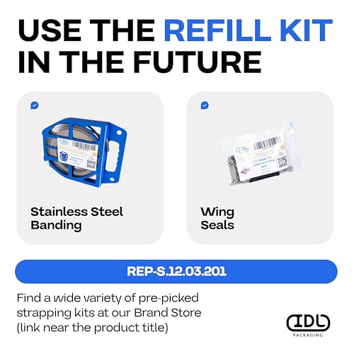 IDL Packaging 1/2" Stainless Steel 201 Banding Kit – Heavy-Duty Banding Tool + 1/2" x 0.03" x 100' Stainless Steel 201 Banding Coil + 100 Stainless Steel Wing Seals - size: 1/2" x 0.03" x 100', style: SS 201 + Seals