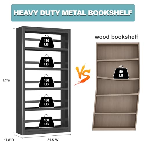 Bookshelf,6-Tier Adjustable Steel Bookshelf,69" H Heavy Duty Metal Bookcase for Home/Office/Garage,Black Shelf (Black, 69" Tall) - color: Black, size: 69"H*31.5"W