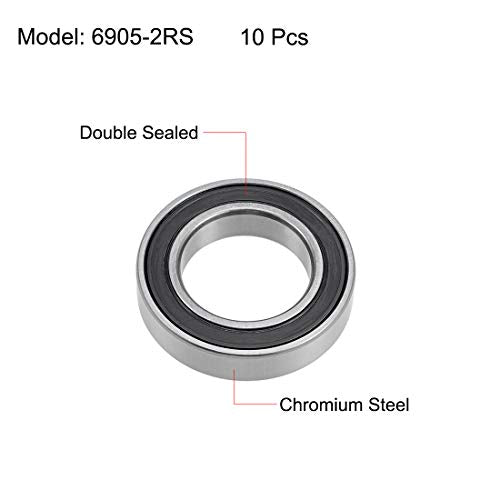 uxcell 6905-2RS Deep Groove Ball Bearings 25mm x 42mm x 9mm Double Sealed Chrome Steel Z2 ABEC1 10pcs - size: 25mm x 42mm x 9mm