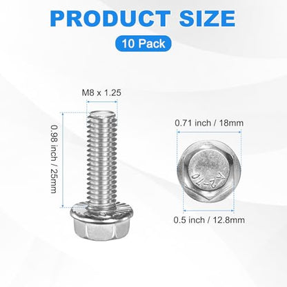 M METERXITY 10 Pack Flanged Hex Head Bolts, M8 x 25mm 304 Stainless Steel External Hex Drive Screws, Metric Fully Threaded Screw for Furniture Car DIY Project [Silver Tone] - size: M8 x 25mm
