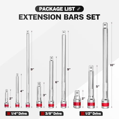BILITOOLS 9-Piece Standard Socket Extension Bar Set, 1/4 3/8 1/2 Drive - style: Extension Set Straight