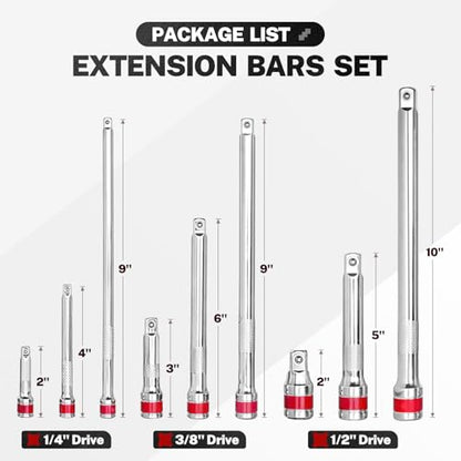 BILITOOLS 9-Piece Standard Socket Extension Bar Set, 1/4 3/8 1/2 Drive - style: Extension Set Straight