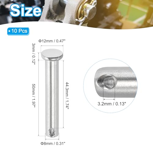 PATIKIL 8 x 50 mm Single Hole Clevis Pins, 10 Pcs 304 Stainless Steel Flat Head Pin for Hitch Pin Lock Link Hinge Systems, Silver - size: 8 x 50 x 44.3 mm