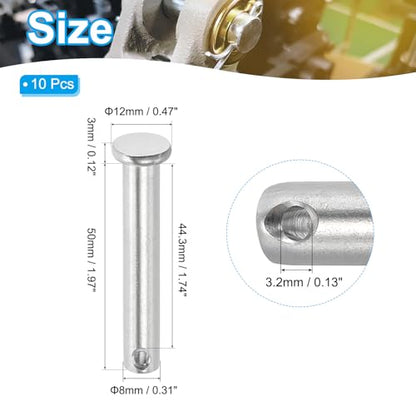PATIKIL 8 x 50 mm Single Hole Clevis Pins, 10 Pcs 304 Stainless Steel Flat Head Pin for Hitch Pin Lock Link Hinge Systems, Silver - size: 8 x 50 x 44.3 mm