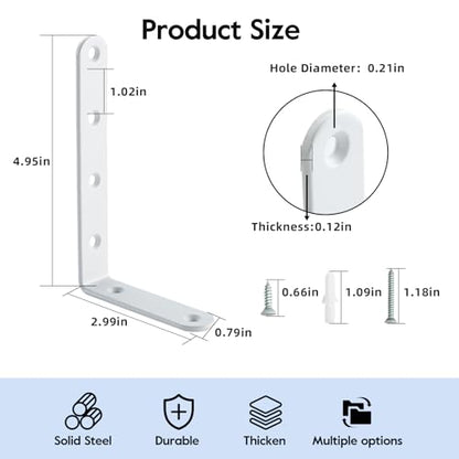 5 x 3 Inch Heavy Duty L Brackets, Steel Corner Braces, White, 4 Pack - color: White