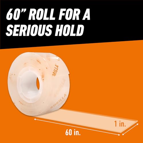 GORILLA Invisible Hold Mounting Tape, 1" x 60", Clear Double Sided, 2-Pack