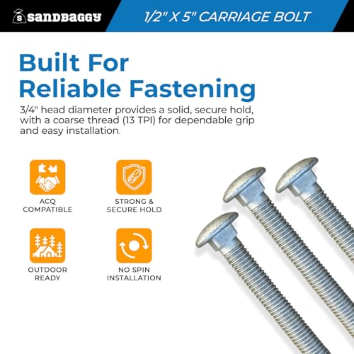 Sandbaggy 1/2” x 5” Galvanized Carriage Bolts for Wood - Round Head - ACQ Approved, Compatible with Pressure Treated Wood (175, 1/2” x 5” (Galvanized))