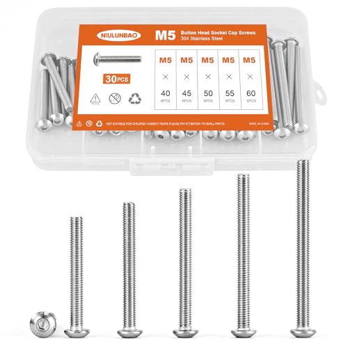 M5 x 40mm 45mm 50mm 55mm 60mm Button Head Socket Cap Screws Bolts 304 Stainless Steel Metric Machine Allen Hex Drive, Fully Threaded, Assortment Kit 30PCS - size: M5 x 40/45/50/55/60mm (30PCS)