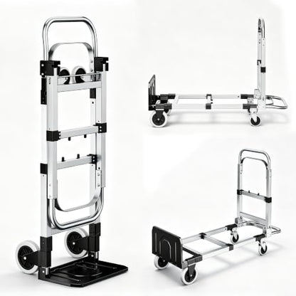 3 in 1 Folding Hand Truck, 600lbs Capacity, Heavy Duty Convertible Dolly with Retractable Handle and 4 Rubber Wheels, Collapsible Cart for Moving Home, Office, Warehouse - Silver - color: Silver-600