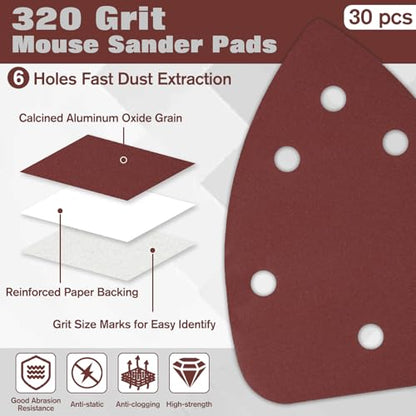 Mouse Sander Kit - 30 Pcs Sanding Discs, 6 Hole Pads, Adjustable Grades 320 Grit - style: 320 Grit