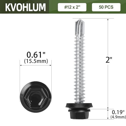 #12 x 2 (50 PCS) Black Metal Roofing Screws with Rubber Washer, Hex Head Self Tapping Screws for Metal, Self Drilling Sheet Metal Screw - size: #12 x 2"