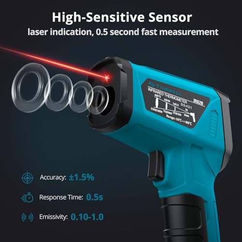 Tilswall Infrared Thermometer Gun, -58°F to 1472°F(-50~800°C), Sky Blue - color: black