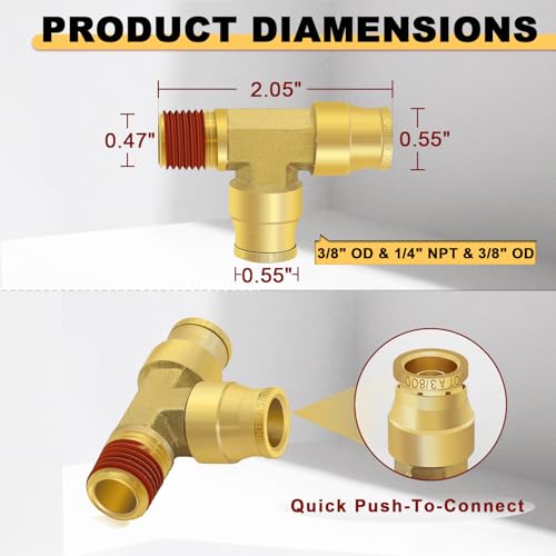 Siptenk 3/8" OD Tube x 1/4" Side NPT Thread Tee Brass Air Line Fittings - color: 3/8" OD & 1/4" Side NPT Tee