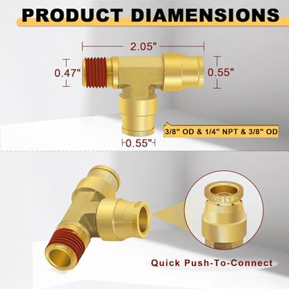 Siptenk 3/8" OD Tube x 1/4" Side NPT Thread Tee Brass Air Line Fittings - color: 3/8" OD & 1/4" Side NPT Tee